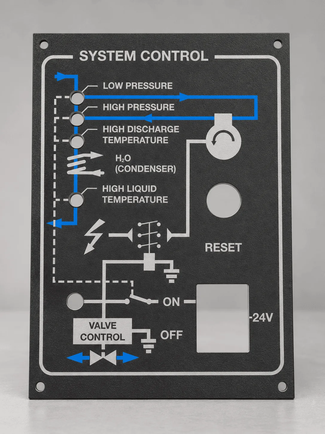 Technical system control panel with fine silk-screened labels and diagrams