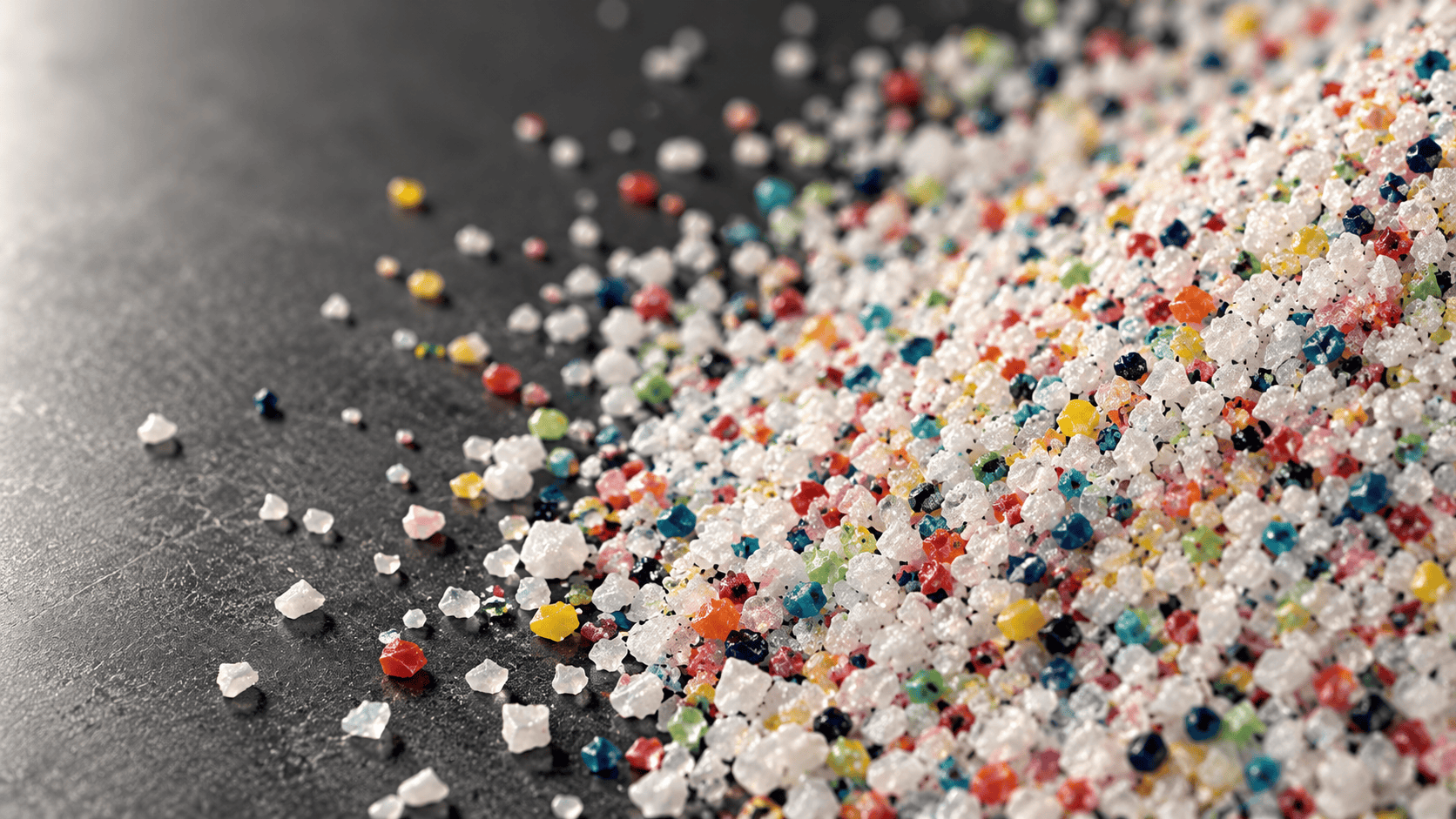 Mound of urea plastic abrasive grit with white and multicolored grains on a dark surface