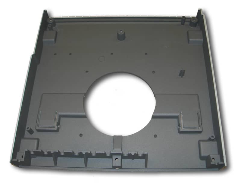Plastic electronic enclosure tray with conductive EMI coating applied to its interior surfaces